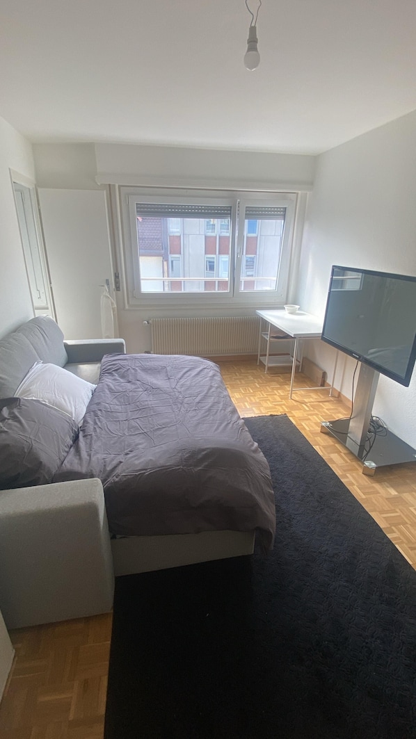 Une chambre à coucher avec un lit, un bureau, une télévision et une fenêtre.