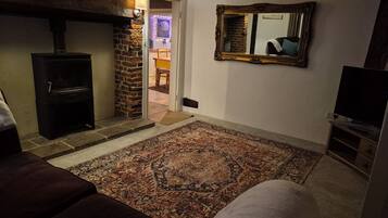 A cozy living room with a fireplace, a patterned rug, a television, and a mirror on the wall.