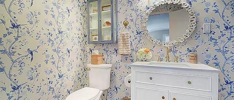 Hair dryer, towels, soap, toilet paper