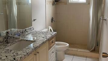 Shower, hair dryer, towels, toilet paper