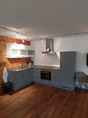 Fridge, microwave, oven, stovetop - "Lissi" vacation apartment with private terrace and WLAN (Ottobeuren)