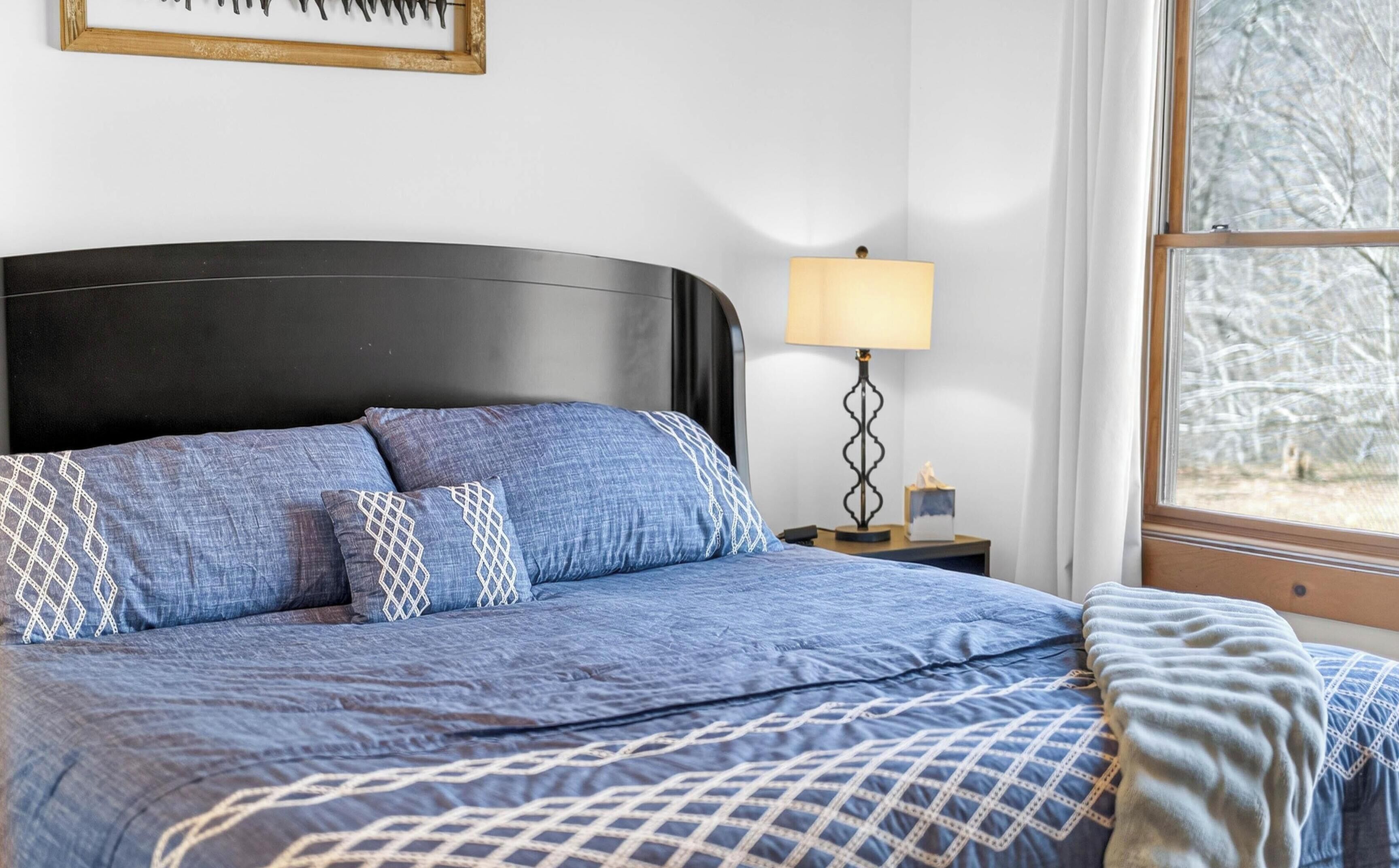 A bed with a dark headboard, blue bedding, and patterned pillows. A bedside table with a lamp and a tissue box is visible.