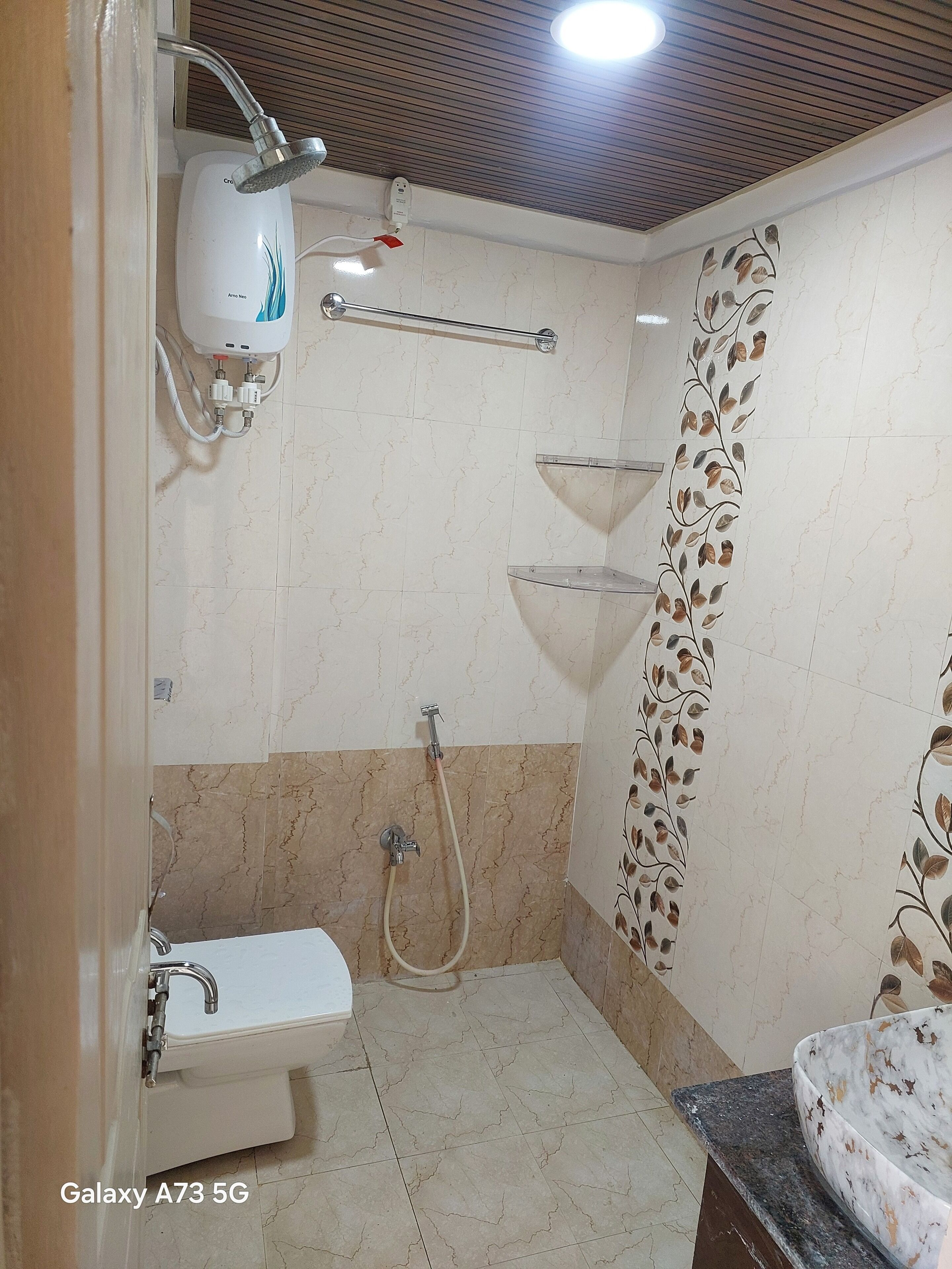 Shower, towels, soap, toilet paper