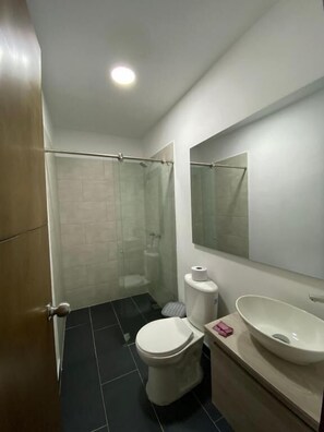 Un baño con inodoro, lavabo y zona de ducha.