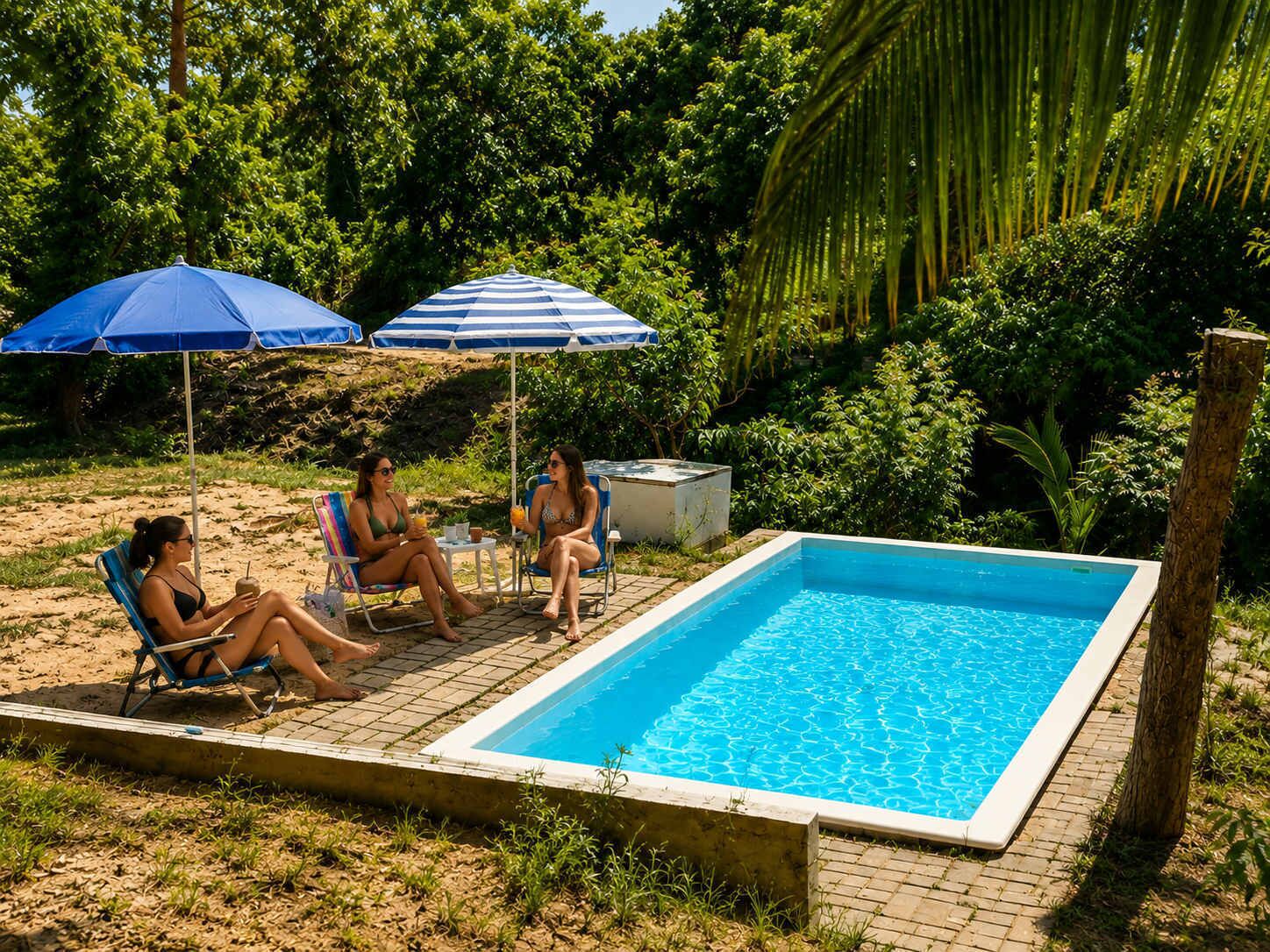 A rectangular swimming pool with a tiled edge, surrounded by a brick patio. There are two blue umbrellas providing shade, and a natural, green backdrop of trees and foliage.