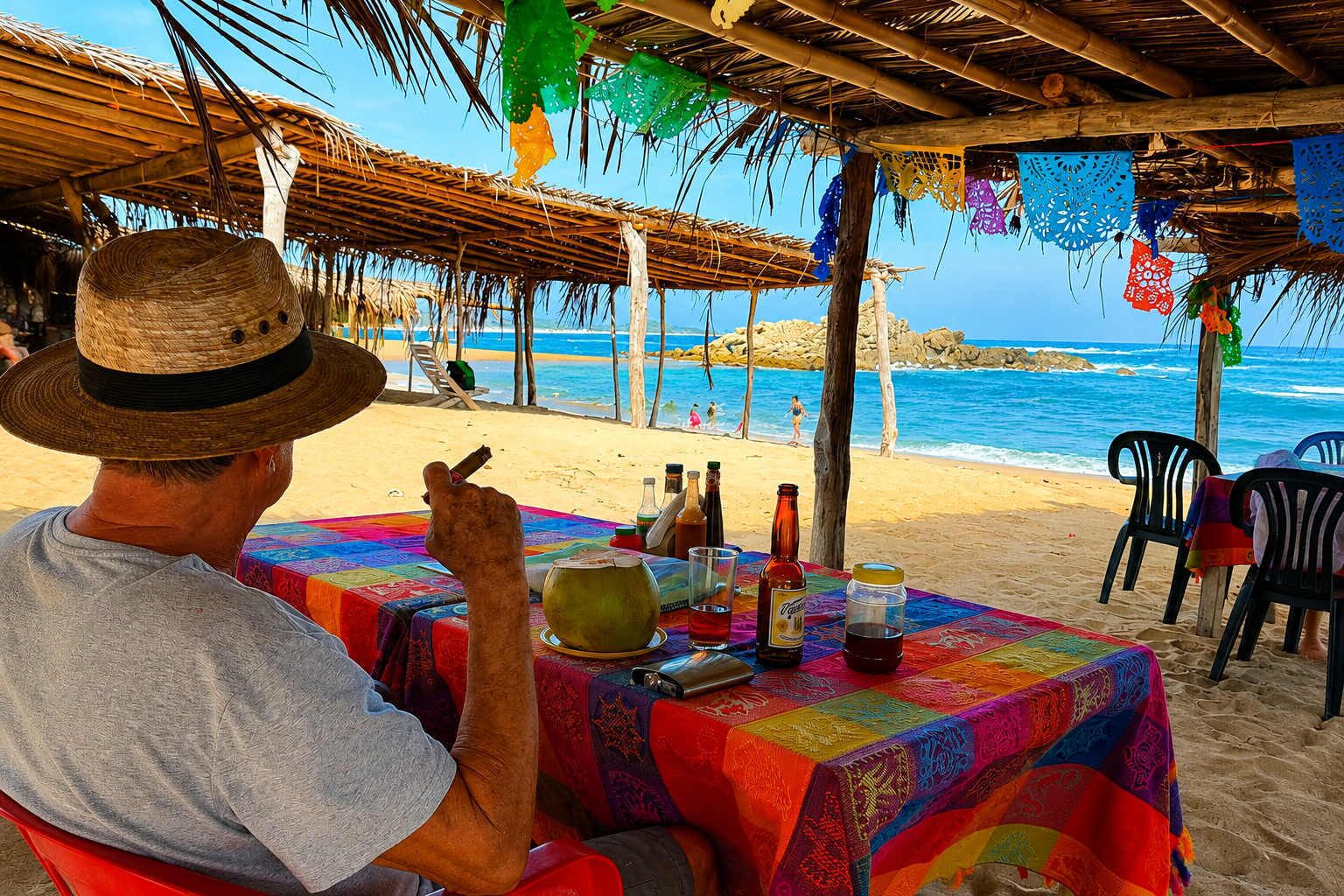 A beach scene with a table set for two, featuring a colorful tablecloth and various bottles.