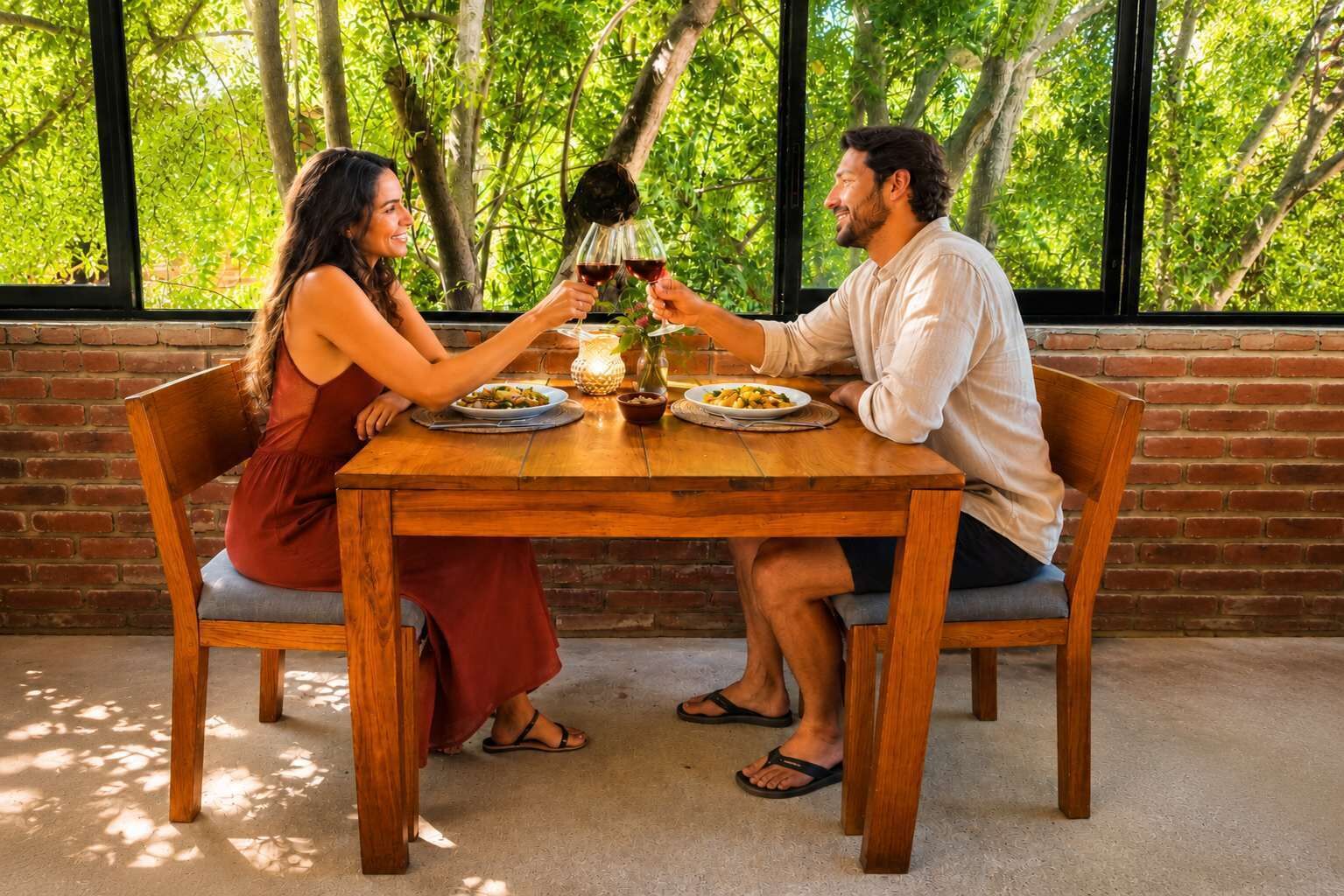 Une table en bois, deux chaises, une bougie et des assiettes remplies de nourriture.