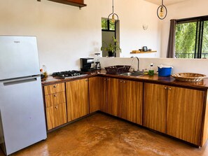 Eine Küche mit Holzschränken, einem Edelstahlkühlschrank, einem Gasherd, einem Mixer und einem Spülbecken.