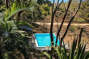 A rectangular swimming pool surrounded by natural vegetation and trees. - Bungalow doble, cama Queen, cocina completa. (Cuatunalco)