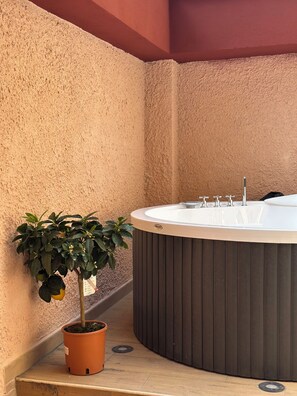 Ett spaområde med ett bubbelbad och en krukväxt.
