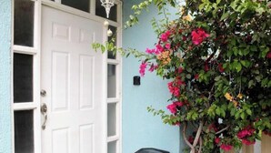 Une porte blanche avec une fenêtre, une poubelle noire et une plante en fleurs, le tout adossé à un mur bleu clair.