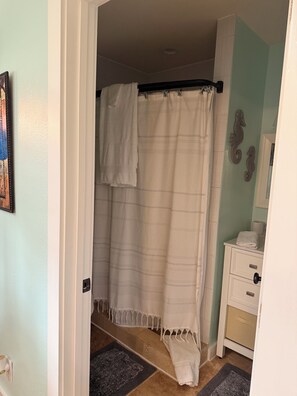 Ein Badezimmer mit Duschvorhang, Handtuchhalter, Waschbecken und Spiegel.