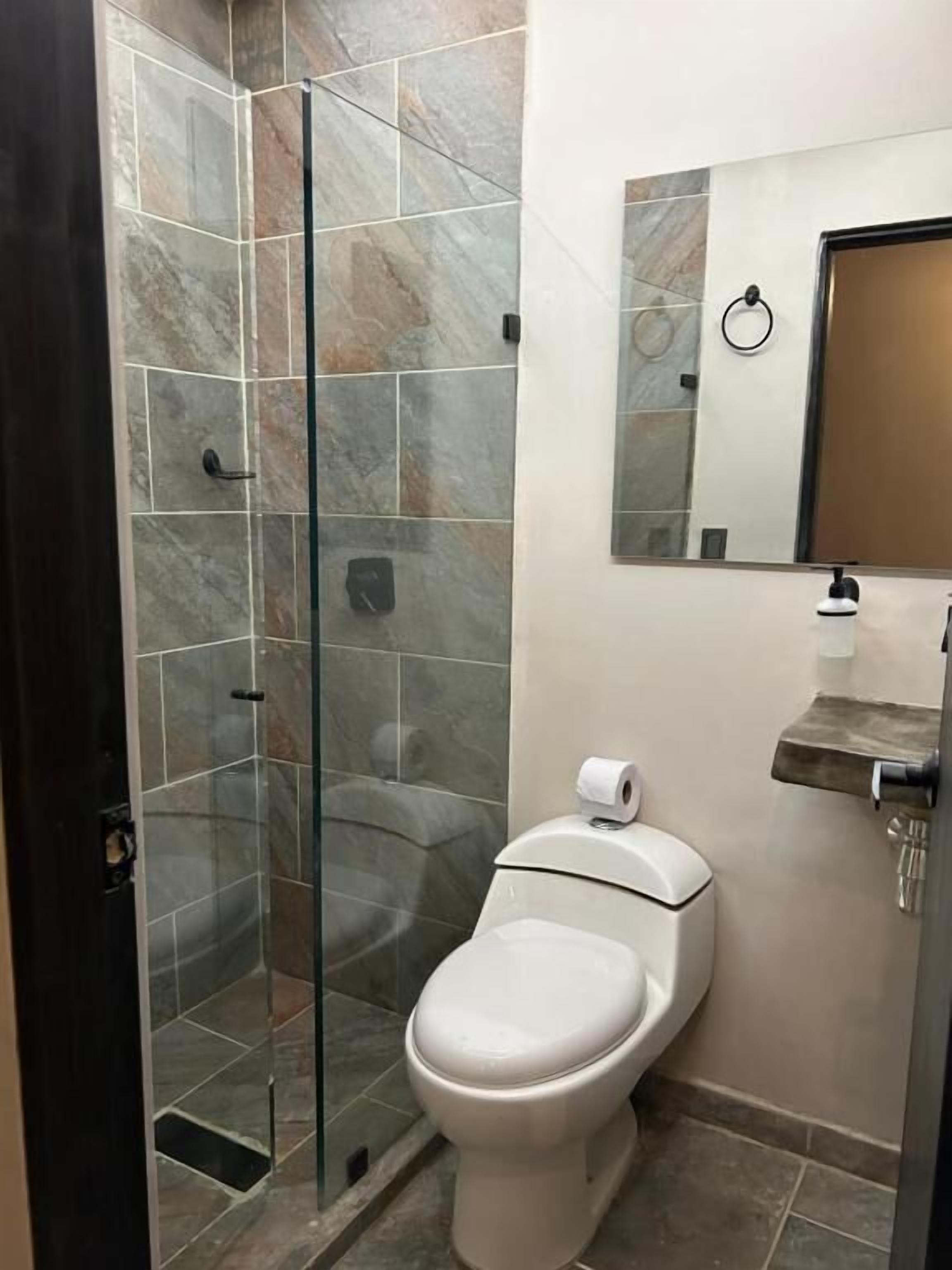 A bathroom with a glass-enclosed shower, a toilet, a sink with a soap dispenser, and a mirror above the sink.