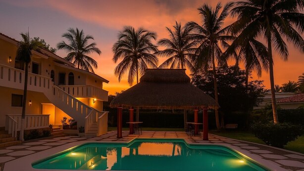 A pool area with a thatched-roof structure, palm trees, and a staircase leading to a building.