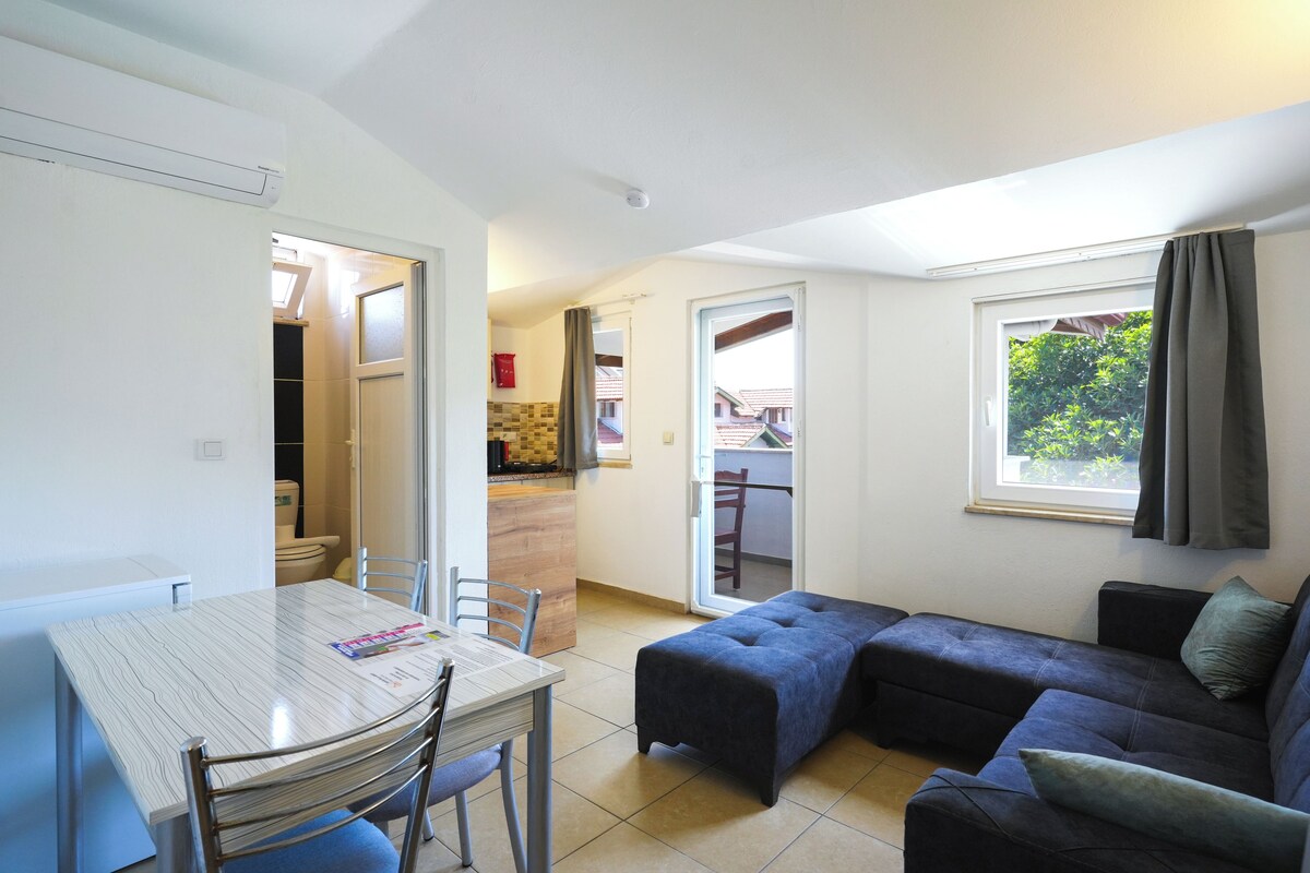 A compact living space with a dining area, kitchenette, and a sofa.