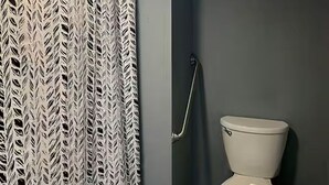 Un baño con cortina de ducha, inodoro y lavabo.