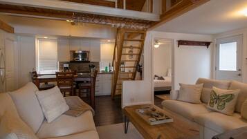 TV, fireplace, books