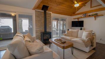 TV, fireplace, books