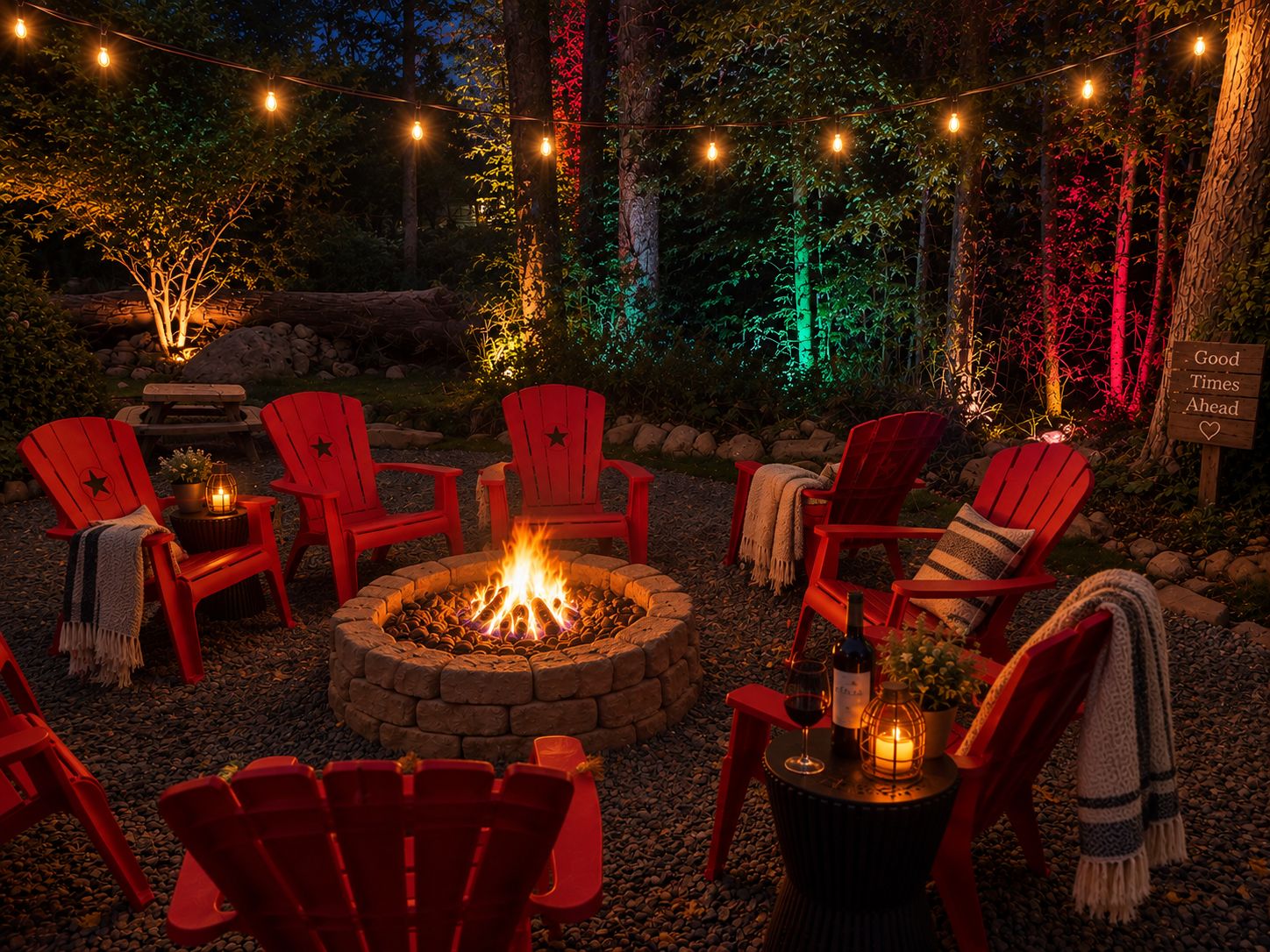 Un foyer entouré de chaises Adirondack rouges, de guirlandes lumineuses et d’un panneau sur lequel on peut lire : « De bons moments en perspective ».