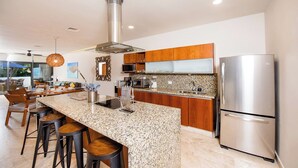 A modern kitchen with granite countertops, stainless steel appliances, and wooden cabinetry. - Big Terrace Luxury 2-bedroom condo in charming Playa del Carmen with AC (Playa del Carmen)