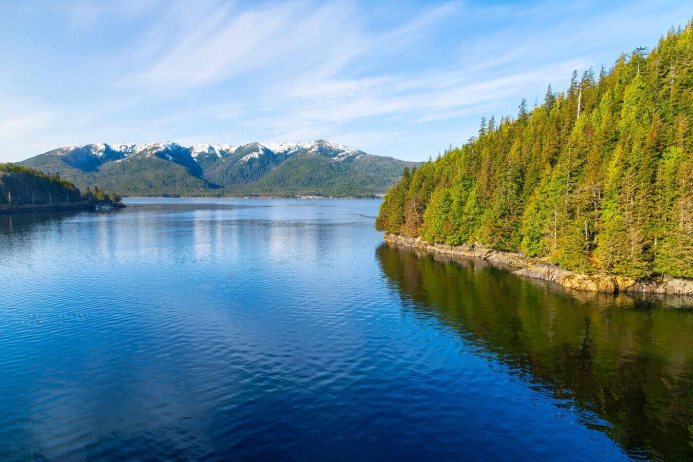 Un lac paisible, bordé d’une forêt, avec des montagnes enneigées en toile de fond.
