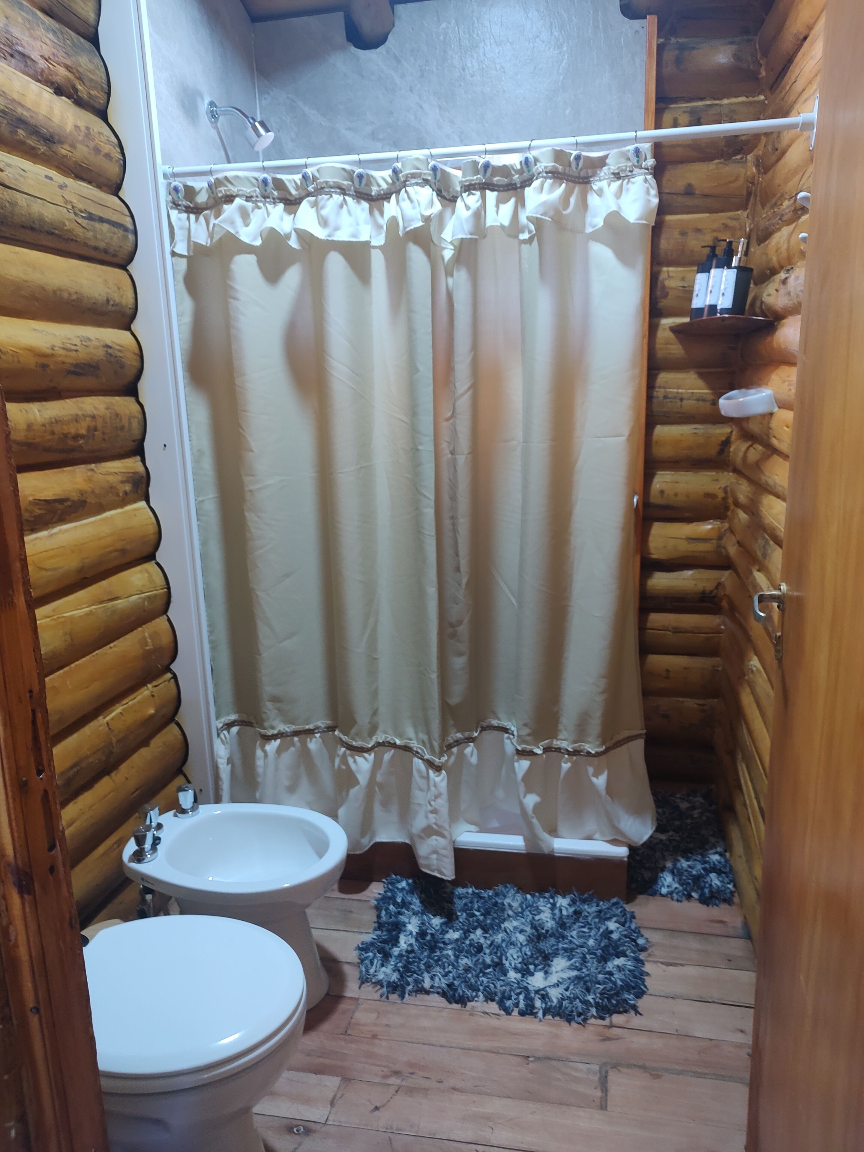 Een douche, een bidet, handdoeken, zeep