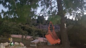 A hammock hanging from a tree, surrounded by rocks and a wooden bench.