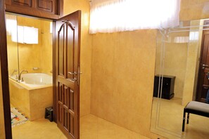 Bañera con ducha, secador de pelo, toallas, jabón