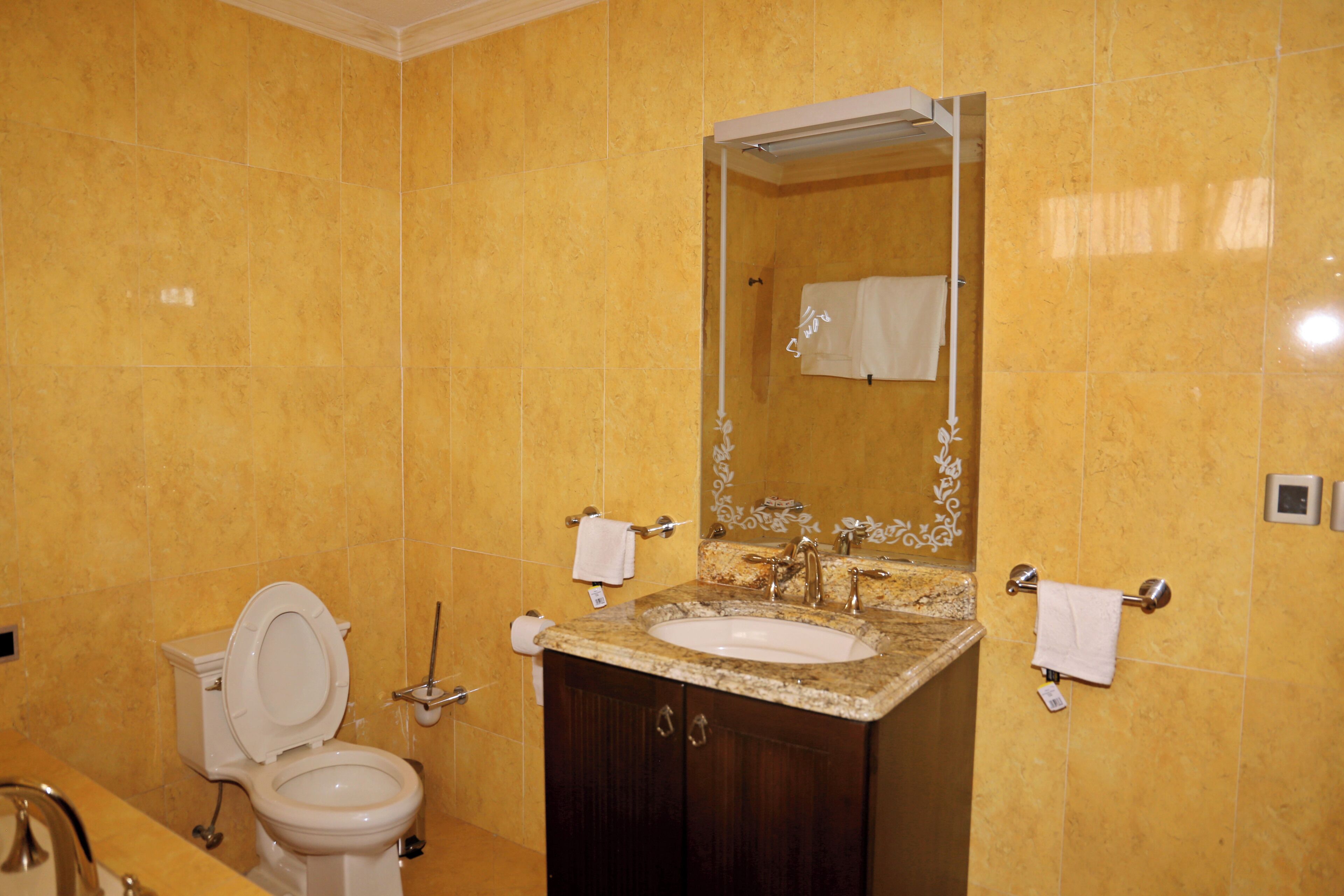 Un baño con inodoro, lavabo y espejo.