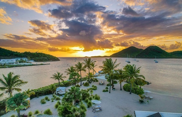 A beach resort with palm trees, a pool area, and boats on the water.