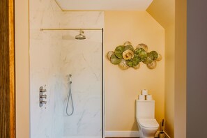 Un baño con ducha de vidrio, inodoro y un adorno de pared.