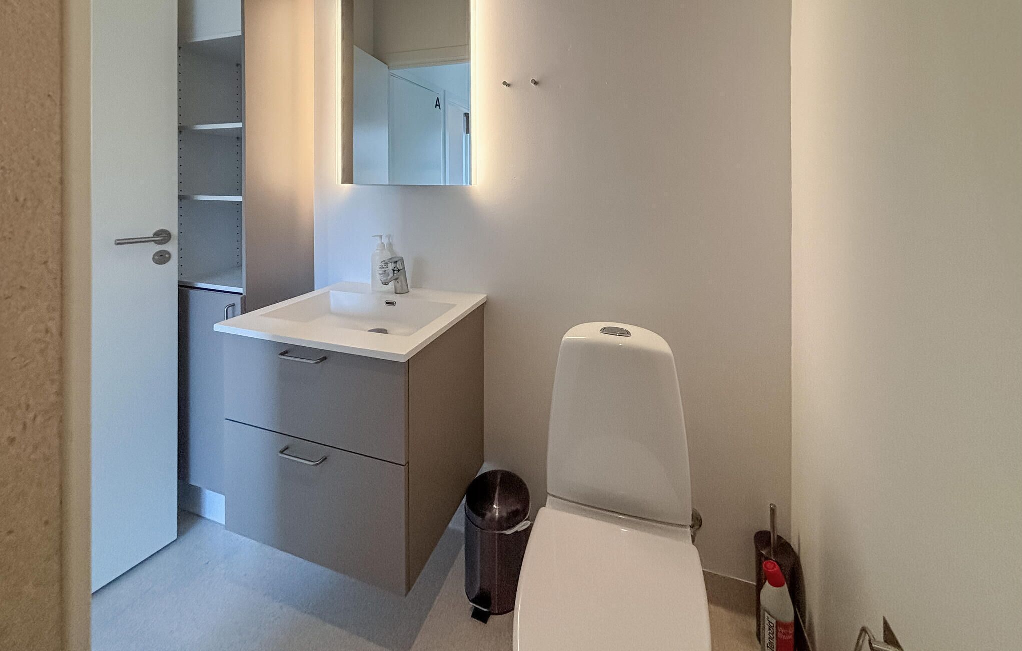 A small bathroom with a white sink, a mirror, a toilet, and a trash bin.