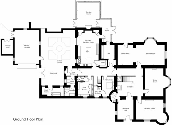 Grundriss im Erdgeschoss mit Wintergarten, Sonnenzimmer, Küche/Frühstücksecke, Sitzbereich, Billardzimmer, Esszimmer, Salon und Garderobe.
