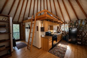 Fridge, oven, stovetop, cookware/dishes/utensils - Secluded Off-Grid Yurt with Forest Access, Orchard & Gardens (Durango)