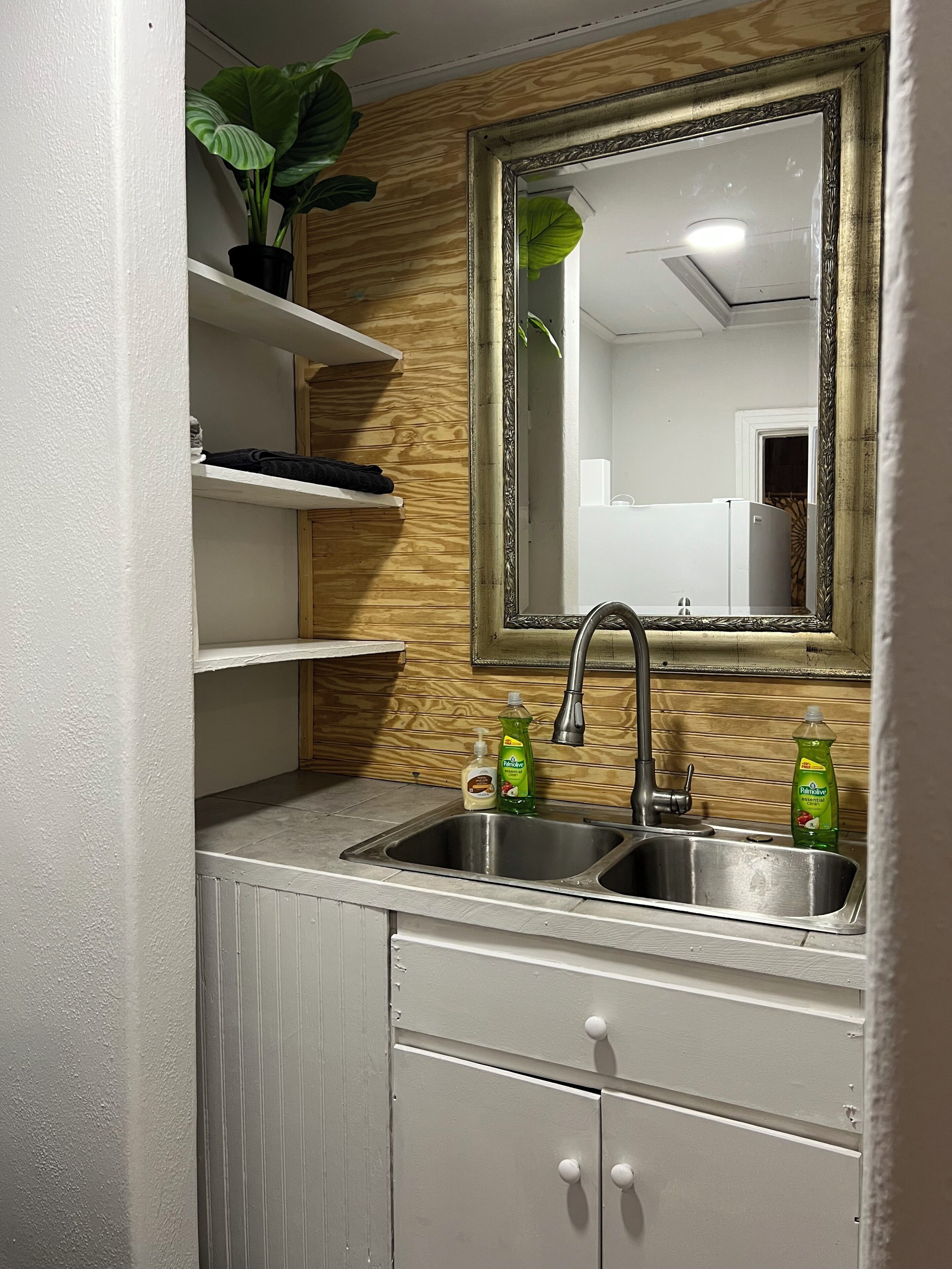 A kitchen with a wooden backsplash, a mirror, two sinks, and a plant.
