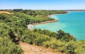 Eine Küstenlandschaft mit freiem Blick auf das Meer, einem Sandstrand und dichter Vegetation.