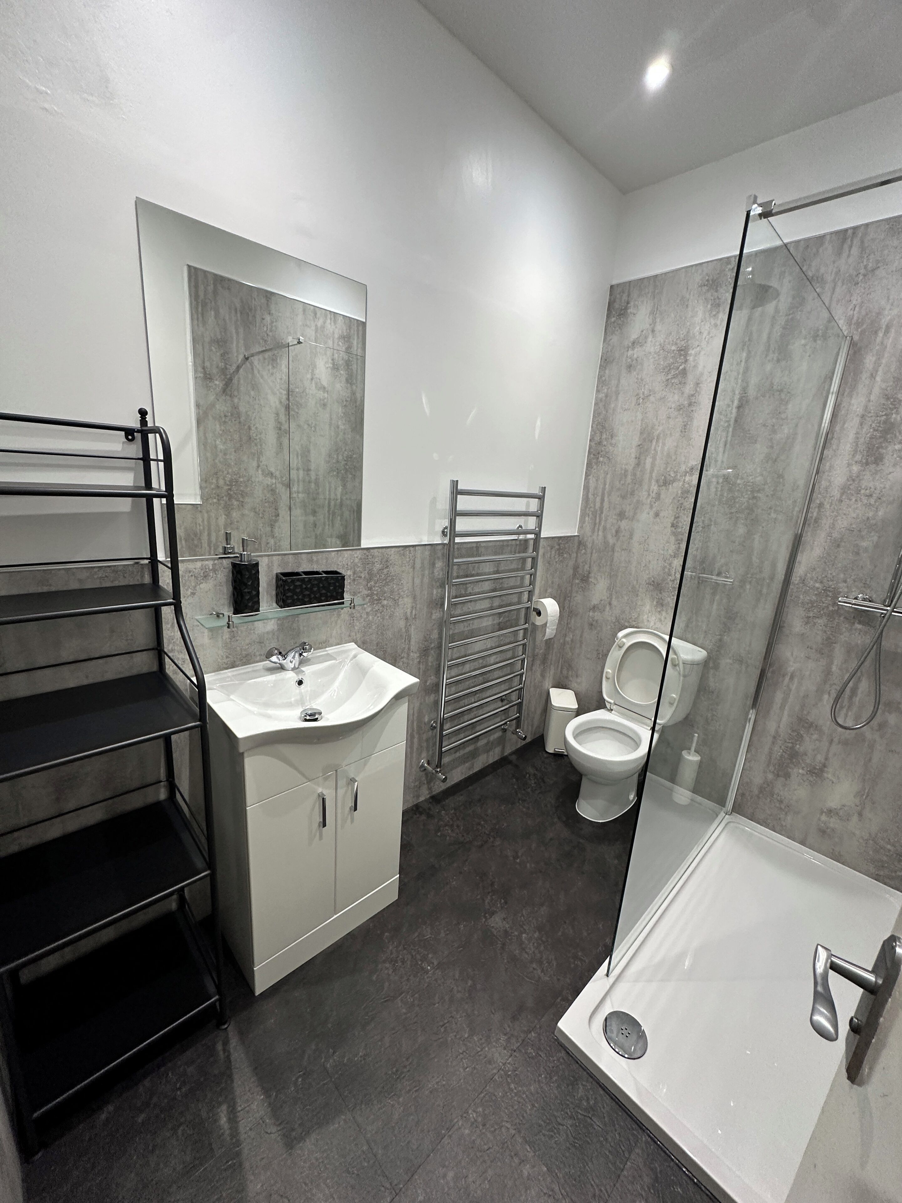 A modern bathroom with a glass shower enclosure, a white sink, a toilet, and a towel rack.