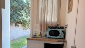 A compact kitchen with a microwave, sink, and a small window with curtains. - Cozy 1-bedroom guest house studio in marvelous Lancaster (Lancaster)