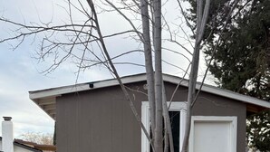 A small, single-story building with a door and a window, surrounded by bare trees and a concrete pathway. - Cozy 1-bedroom guest house studio in marvelous Lancaster (Lancaster)
