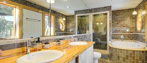 Hair dryer, towels, soap, shampoo