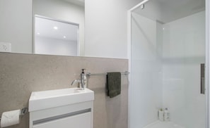 Douche, sèche-cheveux, serviettes fournies, savon
