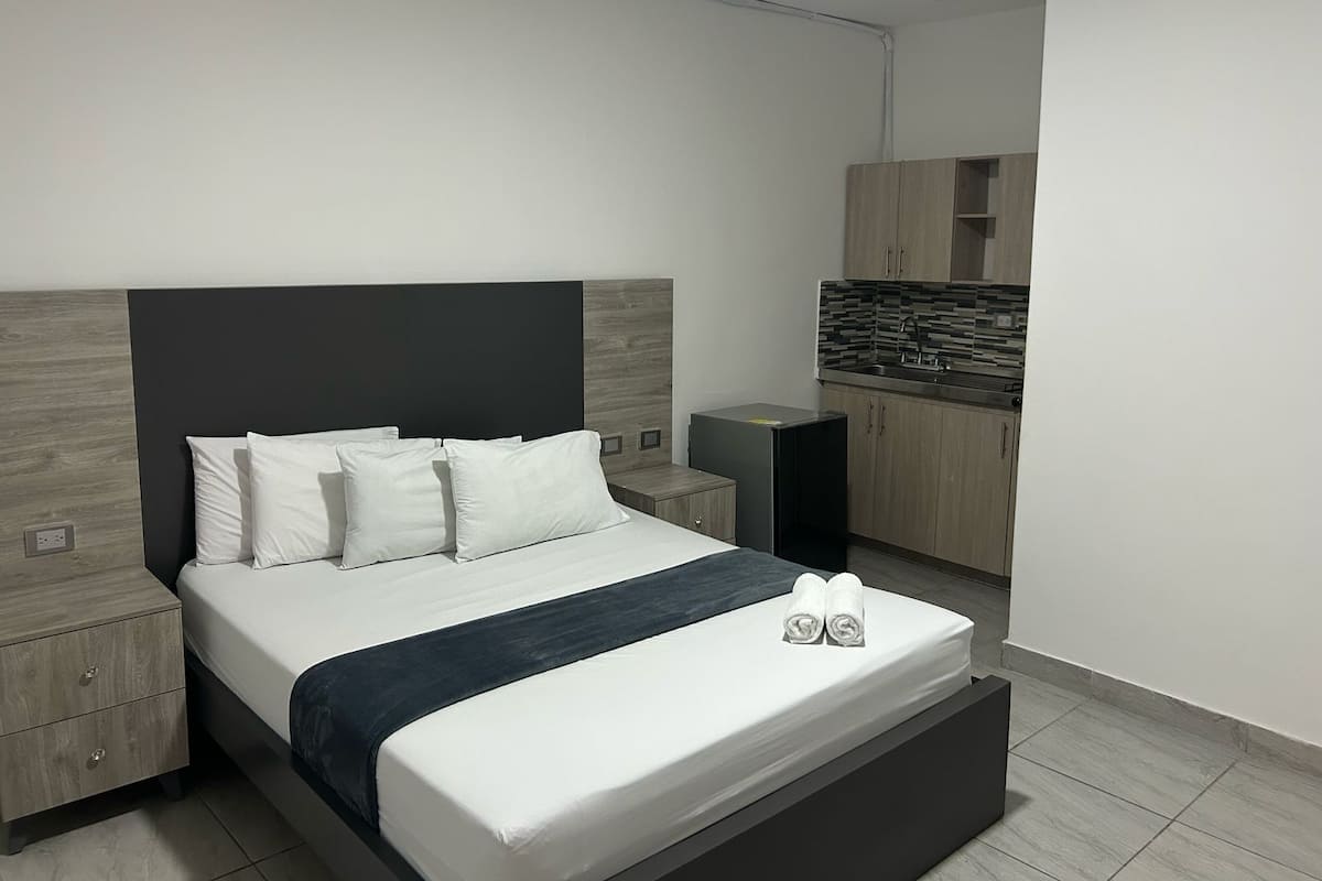 Une chambre à coucher moderne comprenant un lit, des tables de chevet, une armoire intégrée et un coin cuisine.
