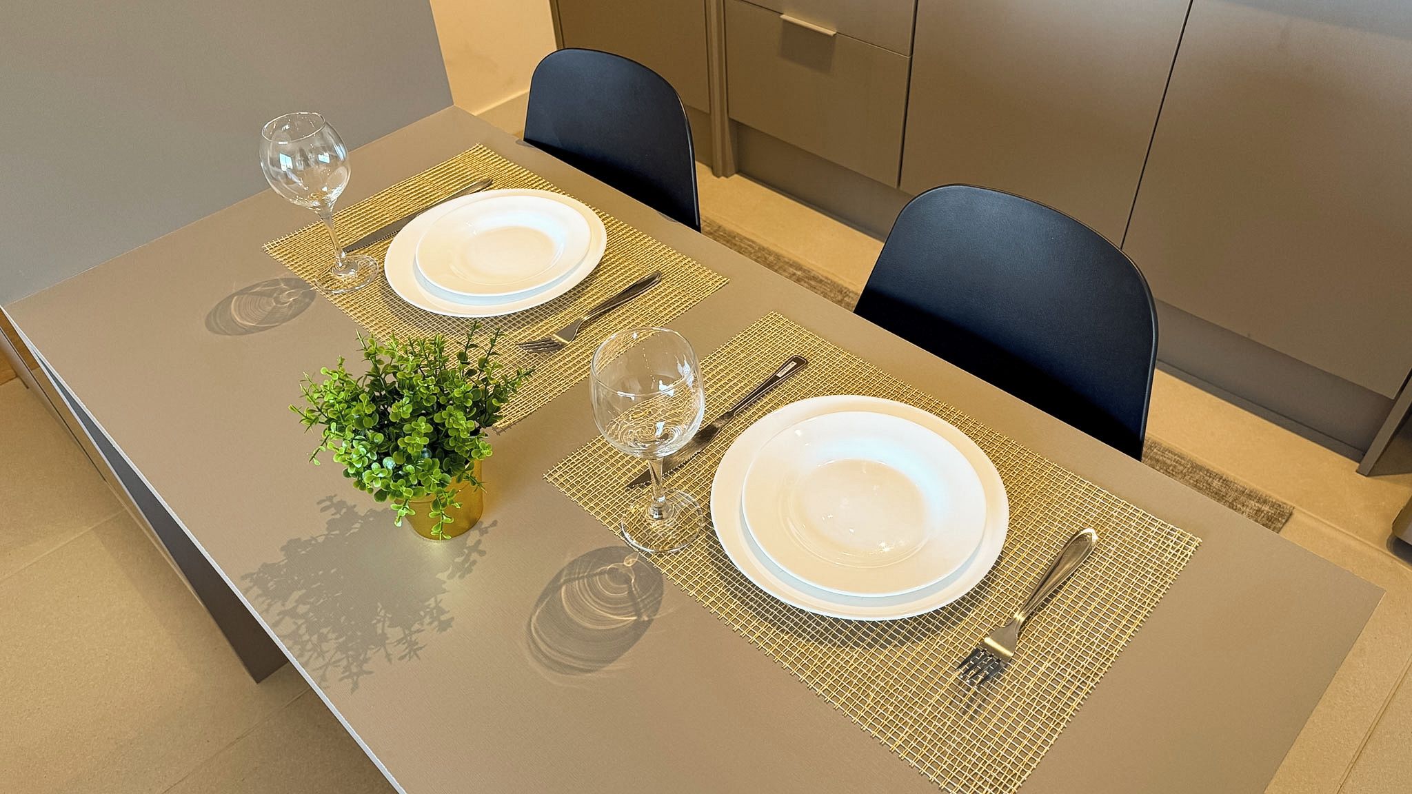 A dining table set with plates, cutlery, and a small potted plant.