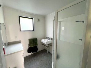 Shower, towels, soap, toilet paper