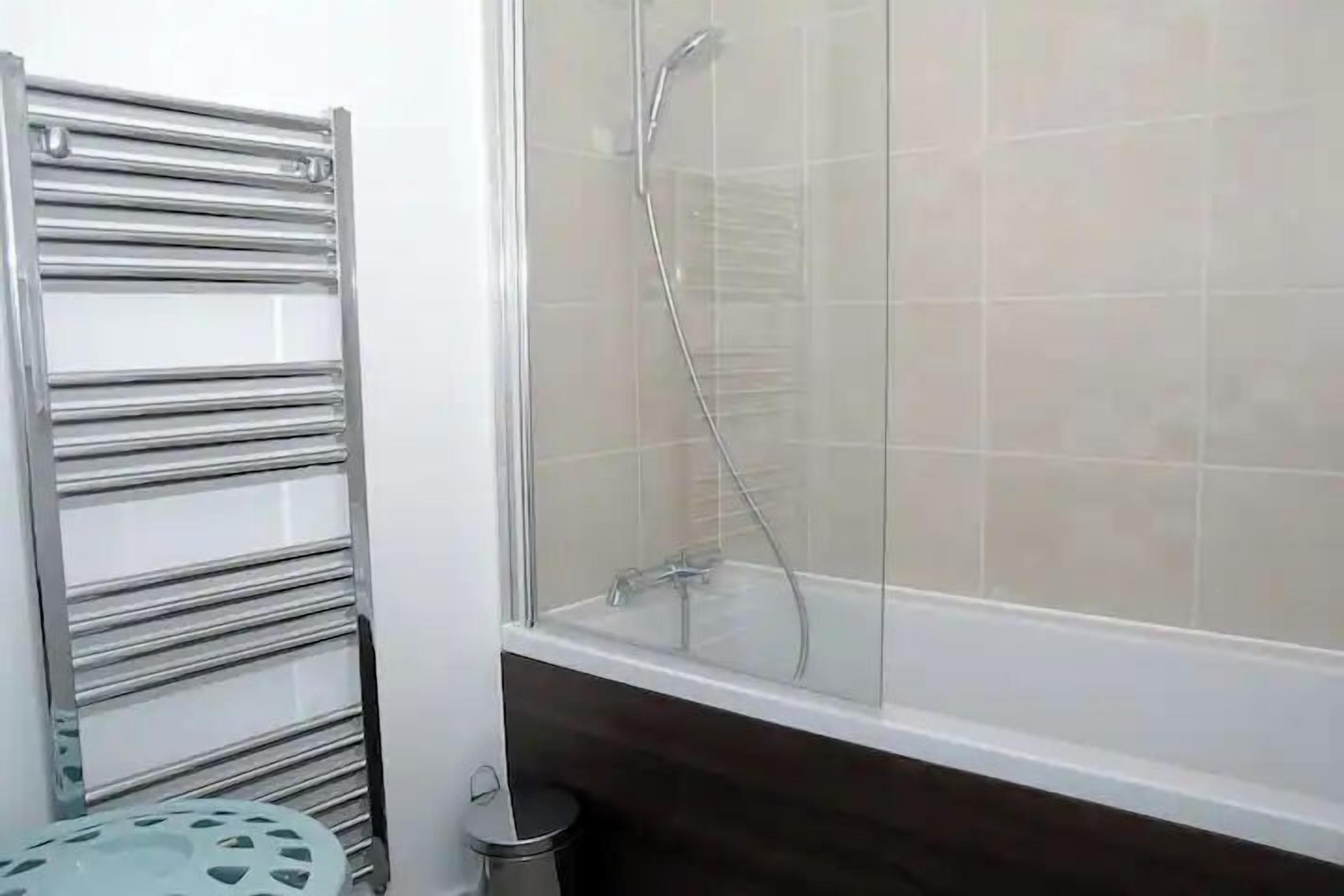 Une salle de bain avec une douche à parois de verre, un porte-serviettes en métal et une poubelle.