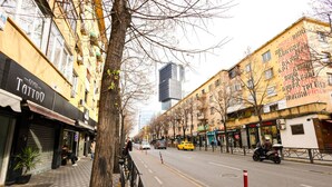 A street with buildings, a tree, and a sidewalk. - Grandstay Tirana Central 01 (Tirana)