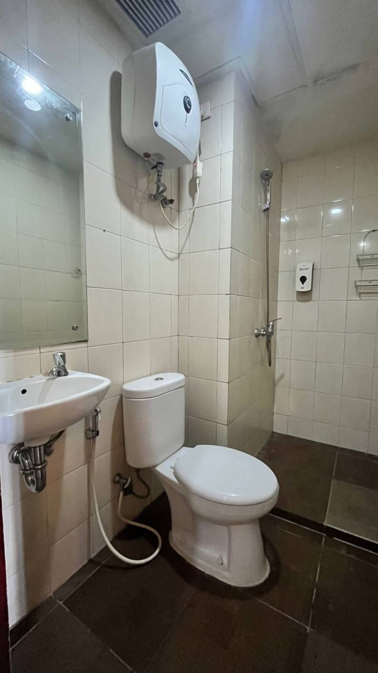 Une salle de bain avec des toilettes, un lavabo et une douche.