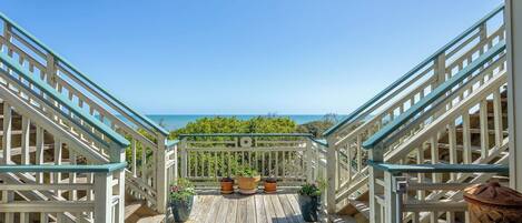 A wooden deck with a view of the ocean, potted plants, and a white railing.