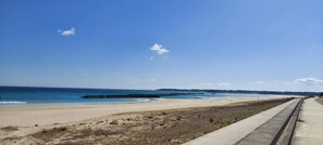 Una spiaggia con una passeggiata in cemento, l'oceano e terra all'orizzonte.