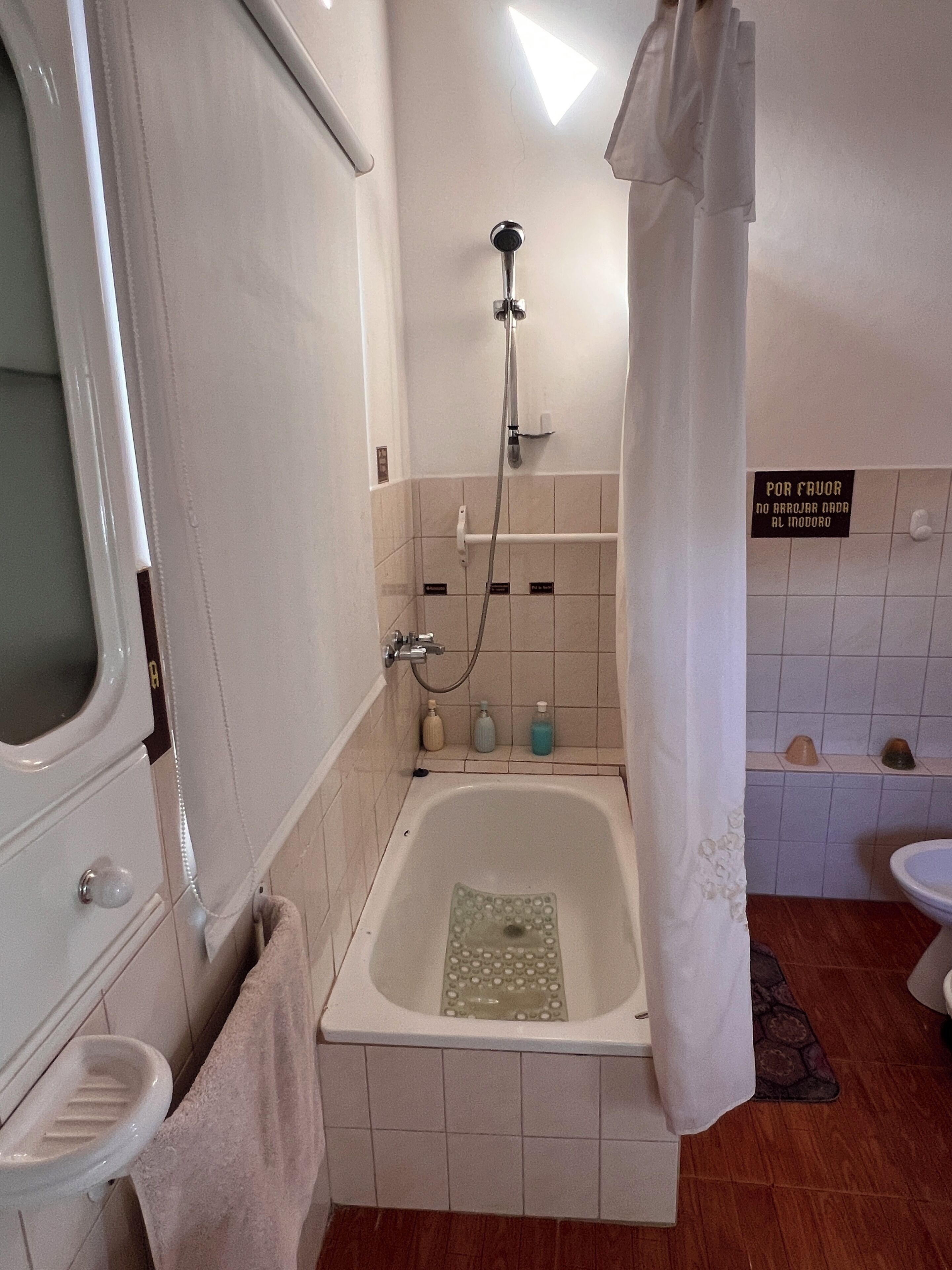 Ein Badezimmer mit Badewanne, Dusche und Toilette.